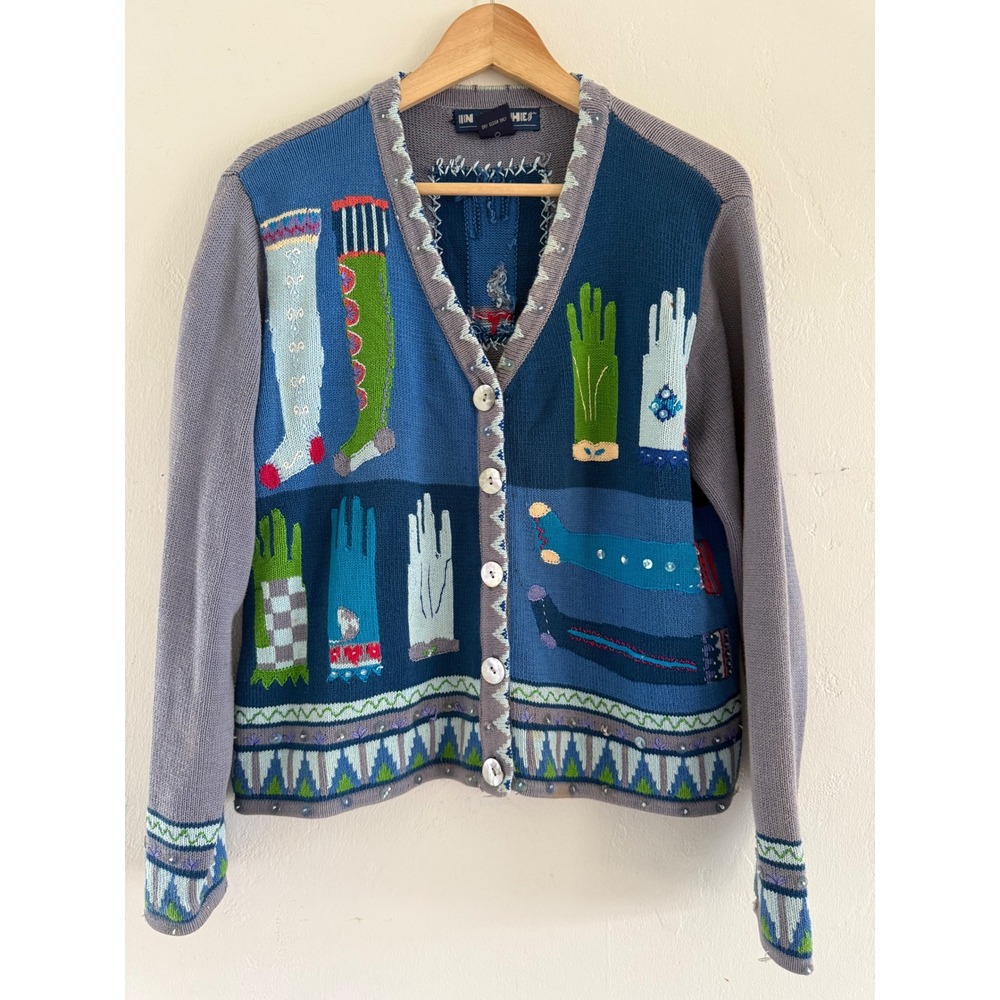 Vintage In Stitches Blue Cotton Novelty Glove Sock Cardigan Sweater Womens M